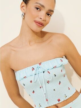 SOLID & STRIPED Light Blue Smocked Strapless Tank with Floral Print